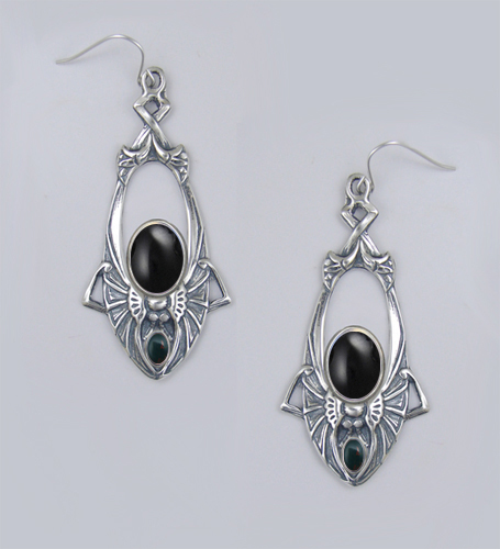 Sterling Silver Dramatic Art Deco Drop Dangle Earrings With Black Onyx And Bloodstone